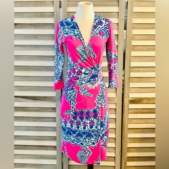 Lilly Pulitzer ๐ชท Pop Pink ON THE SQUARE YVETTE DRESS V-Neck Faux Wrap - Picture 5 of 5